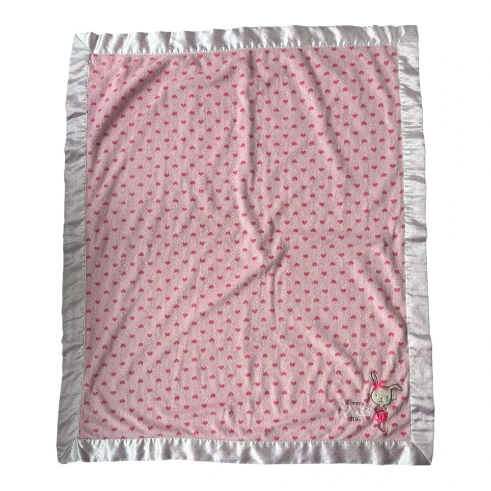 Just One You Carter's Mommy Loves Me‎ Pink Heart Bunny Rabbit Baby Blanket Satin